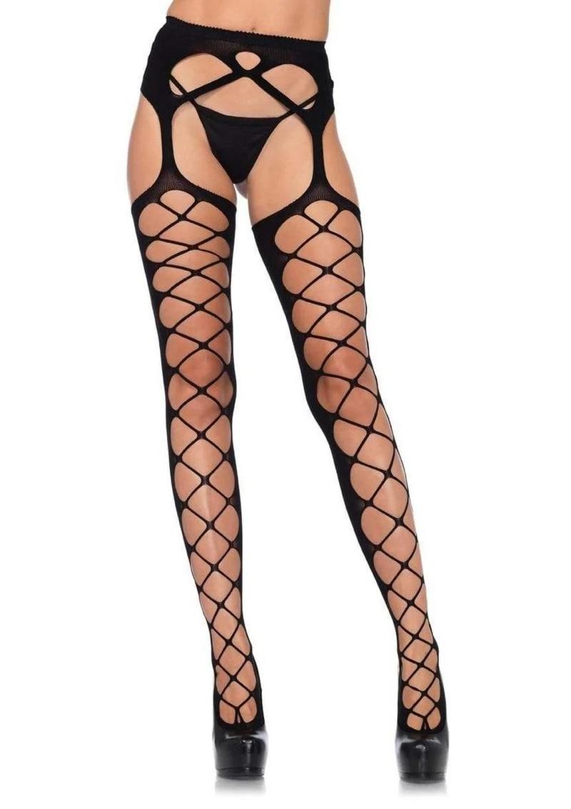 Leg Avenue Diamond Net Opaque Stockings with Attached Garterbelt