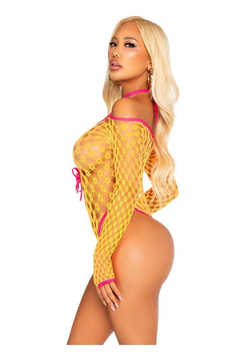 Leg Avenue Eyelet Net Teddy with Tie-Front Keyhole Detail