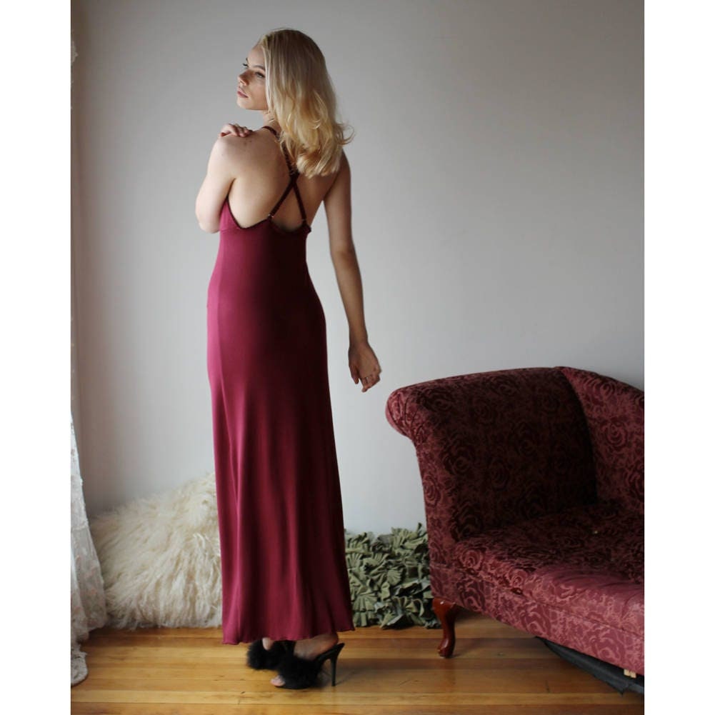 Long bamboo nightgown with plunging lace neckline