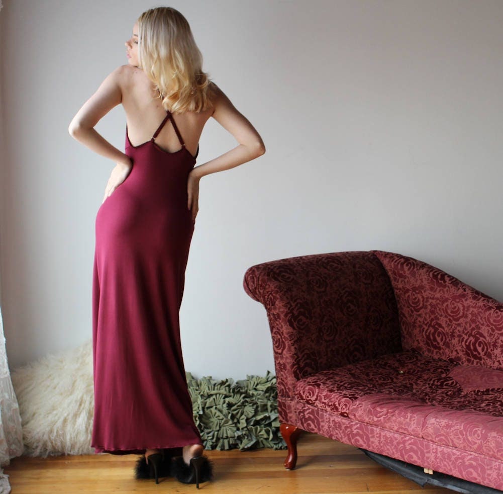 Long bamboo nightgown with plunging lace neckline