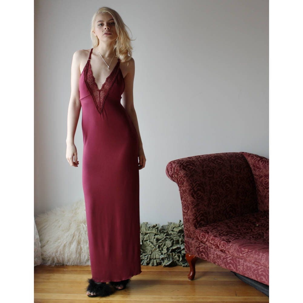 Long bamboo nightgown with plunging lace neckline