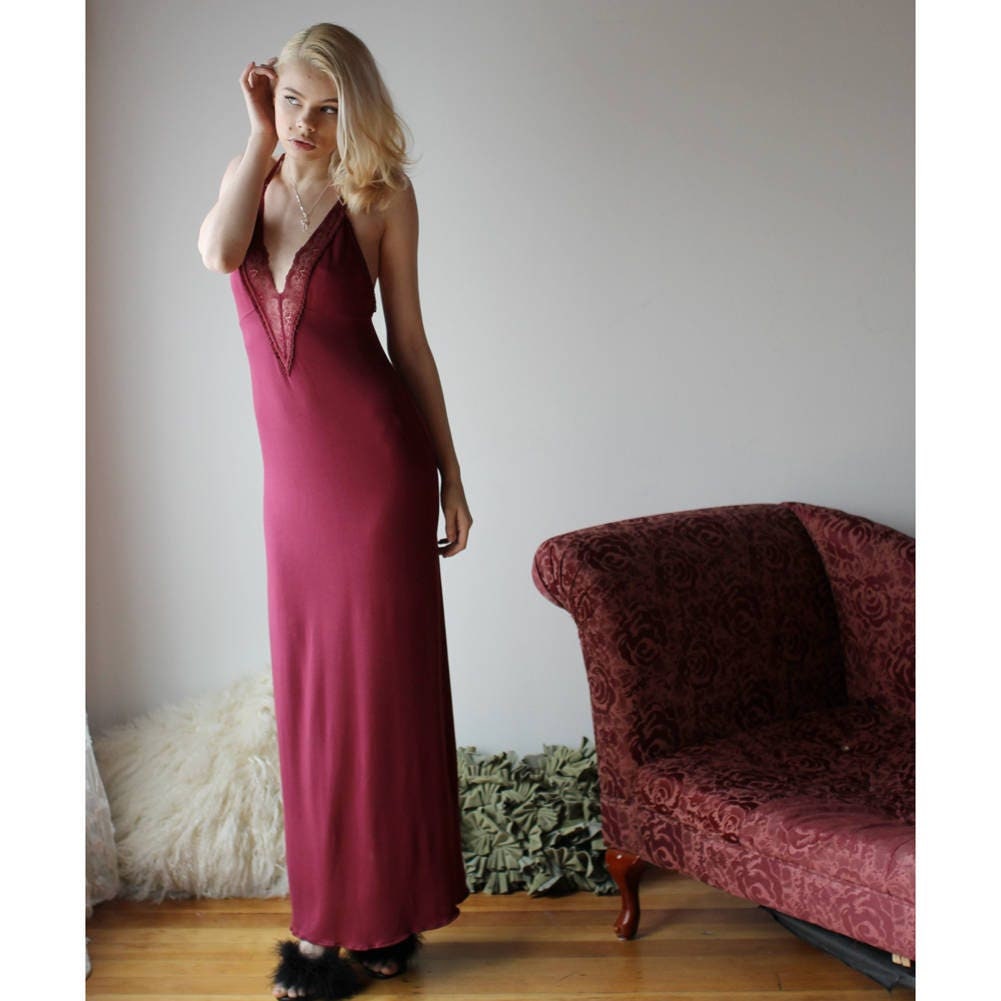 Long bamboo nightgown with plunging lace neckline