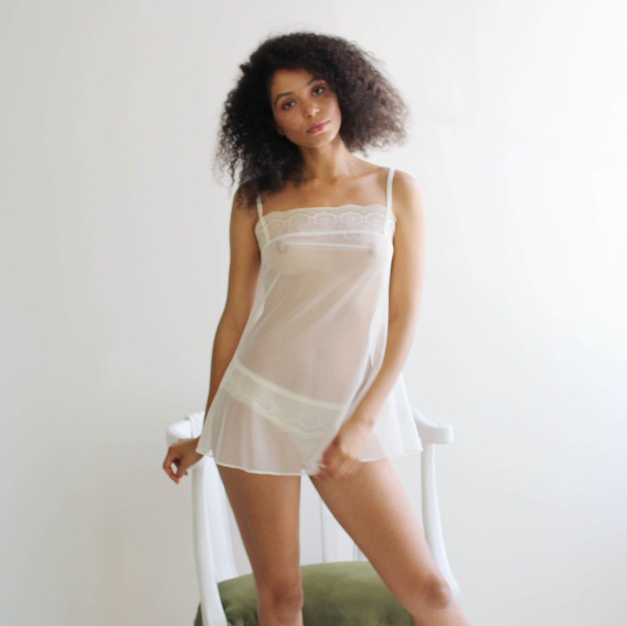 Sheer Lingerie Set includes lace trim babydoll camisole and panties