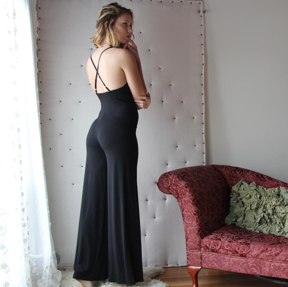 bamboo lingerie jumpsuit with plunging lace neckline