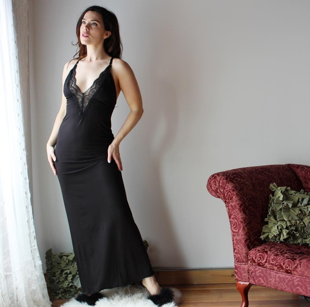 Long bamboo nightgown with plunging lace neckline