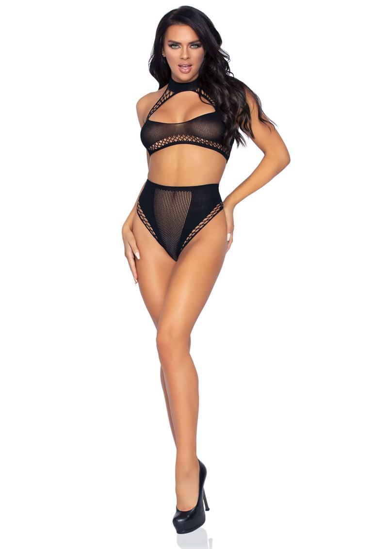 Leg Avenue Keyhole Net Halter Crop Top and High Waist Bottoms