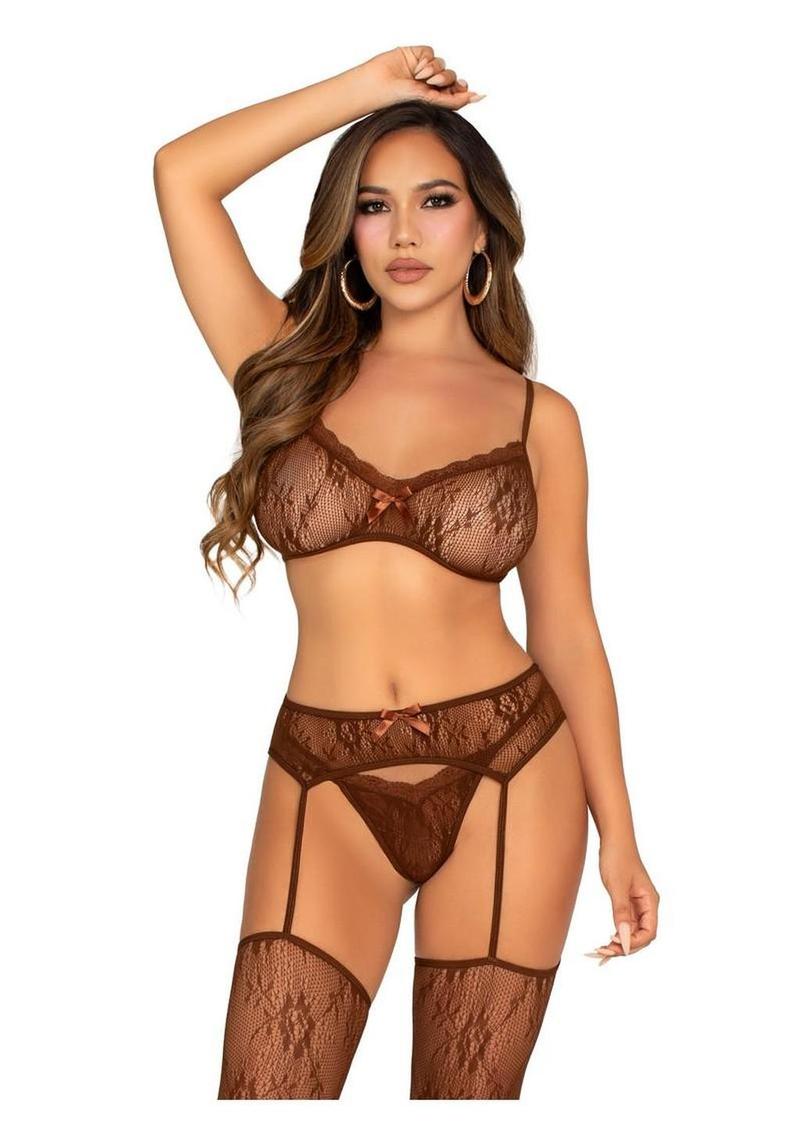 Leg Avenue Lace Bra Top with Mini Bow Detail, V-Front G-String, and Garter Belt Stockings - Cocoa