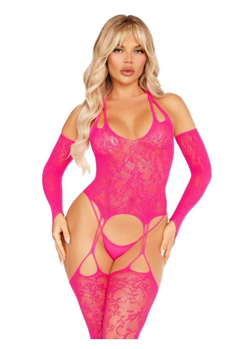 Leg Avenue Lace Halter Footless Cami Garter with Attached Toe Loop Stockings and Arm Warmers