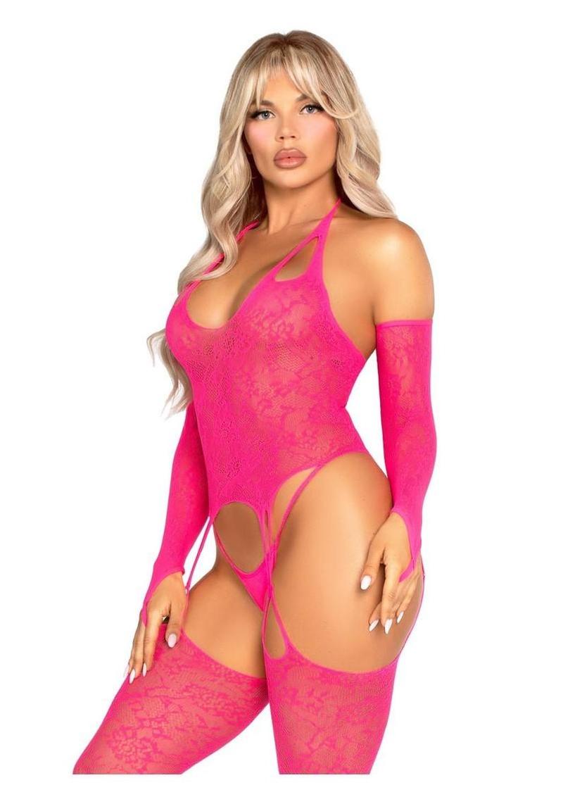 Leg Avenue Lace Halter Footless Cami Garter with Attached Toe Loop Stockings and Arm Warmers