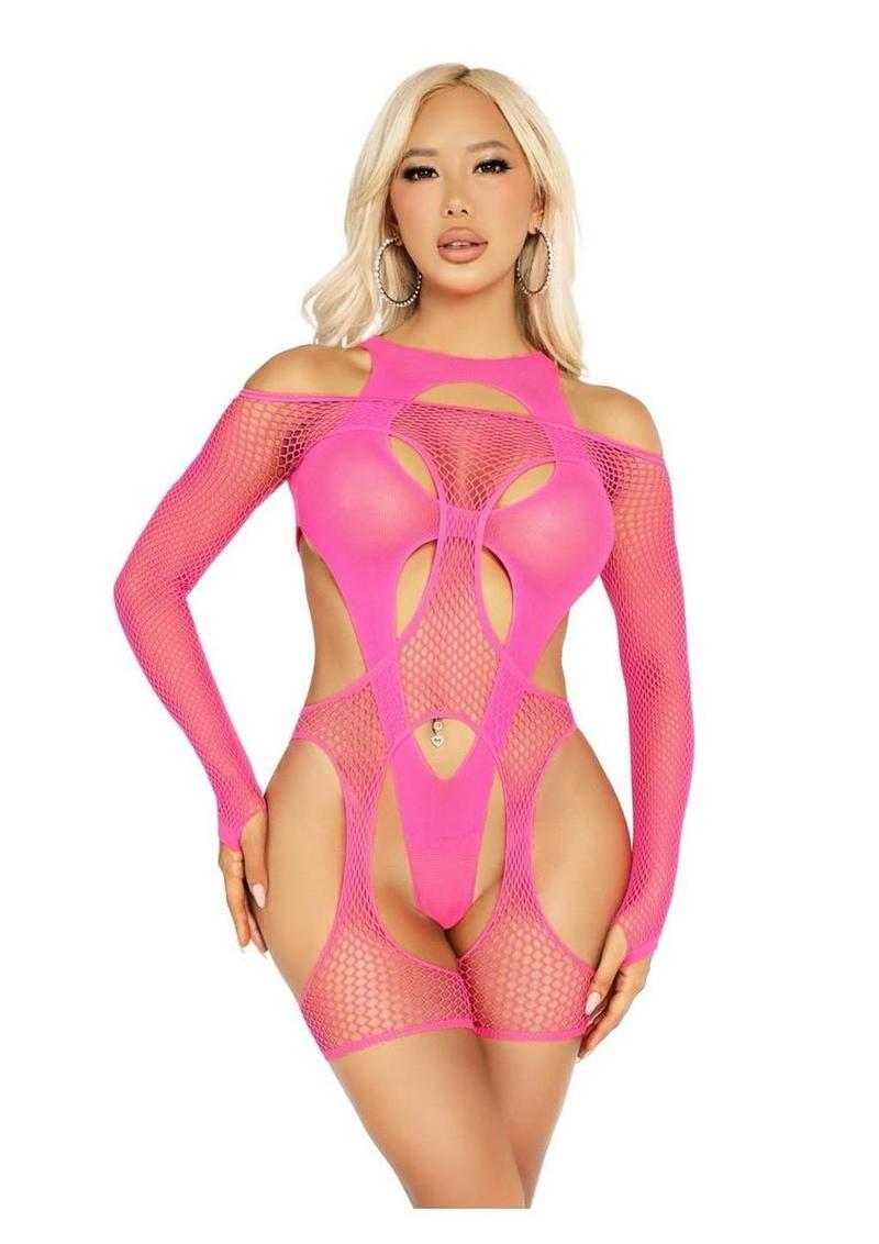 Leg Avenue Off-The-Shoulder Fishnet Garter Harness and Layered Opaque Cut-Out Teddy