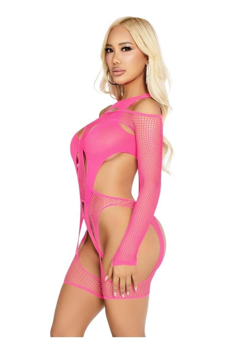 Leg Avenue Off-The-Shoulder Fishnet Garter Harness and Layered Opaque Cut-Out Teddy