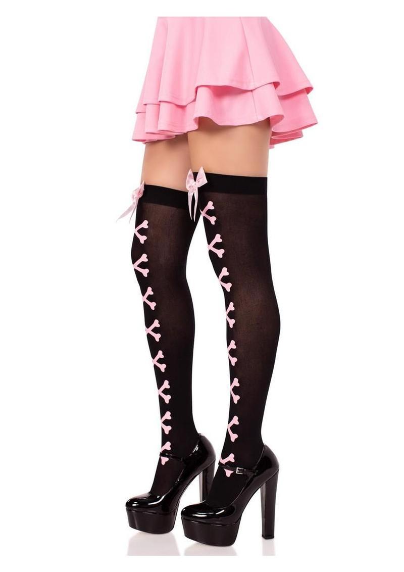 Leg Avenue Opaque Cross Bone Thigh Highs with Satin Bow Accent
