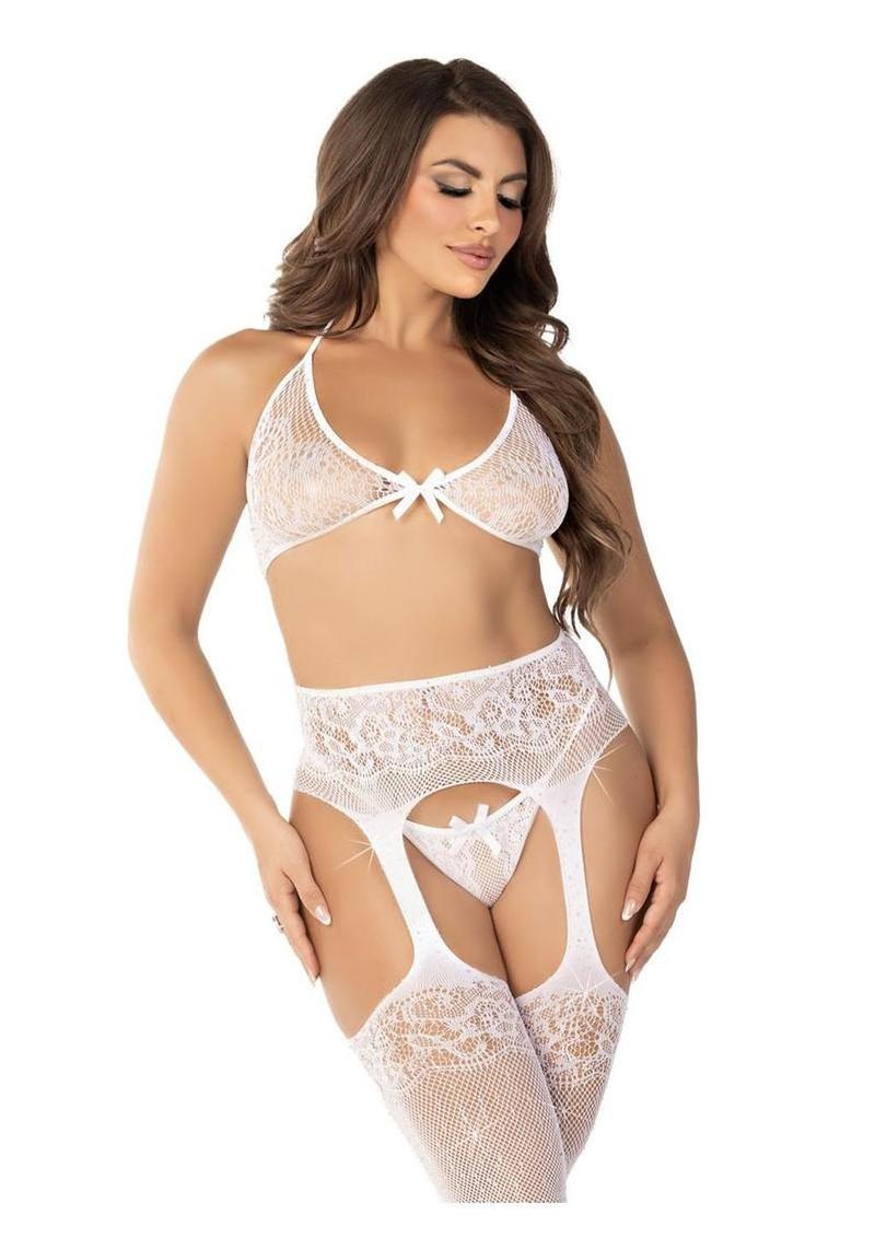 Leg Avenue Rhinestone Lace Bra Top G-String and Fishnet Garter Belt Stockings
