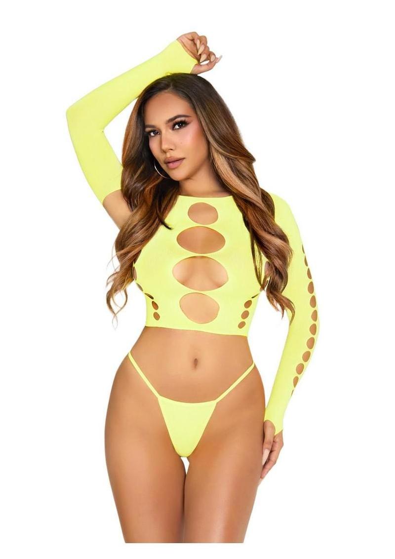 Leg Avenue Seamless Cut Out Long Sleeve Crop Top and G-String Panty