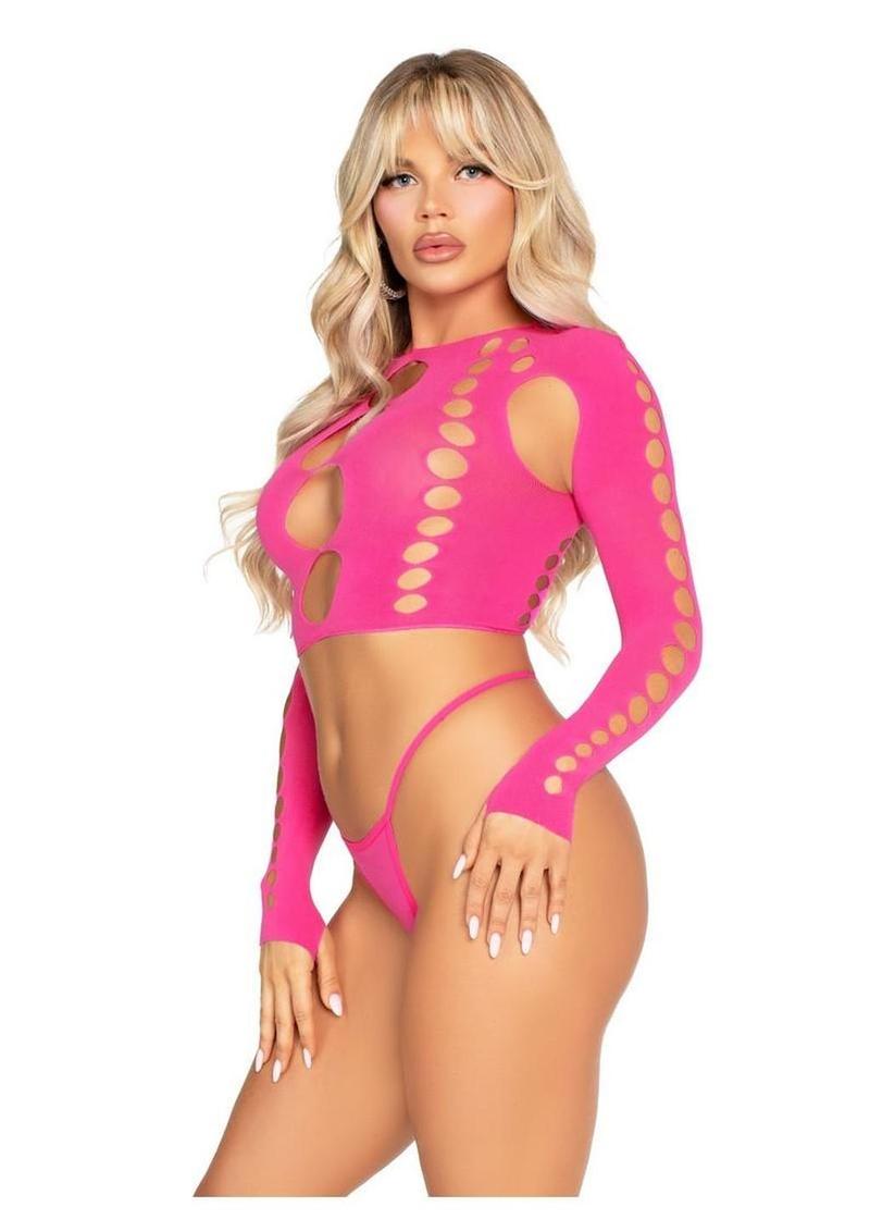 Leg Avenue Seamless Cut Out Long Sleeve Crop Top and G-String Panty