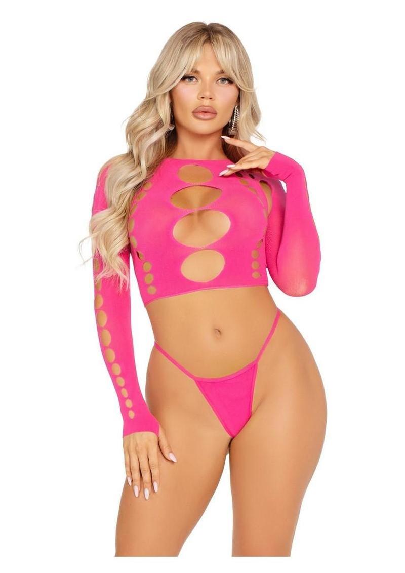 Leg Avenue Seamless Cut Out Long Sleeve Crop Top and G-String Panty