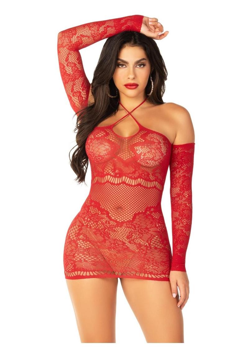 Leg Avenue Seamless Lace Net Off The Shoulder Mini Dress with Twist Halter Strap