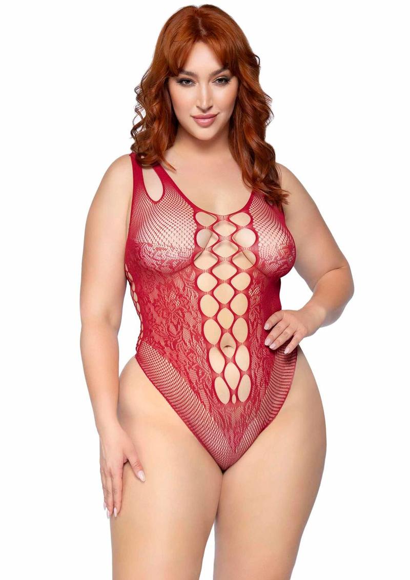 Leg Avenue Seamless Net Lace Bodysuit with Dual Shoulder Straps and Cheeky Cut Bottom