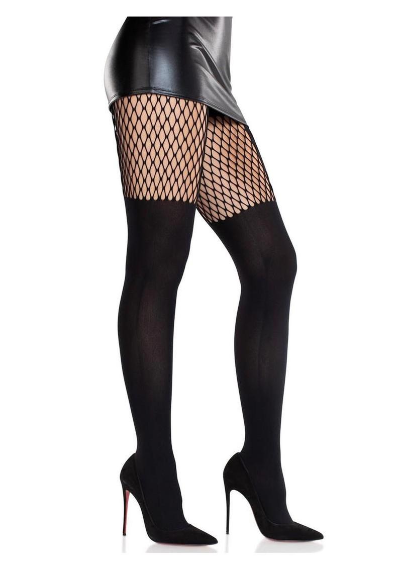 Leg Avenue Seamless Opaque Garter Illusion Tights with Net Thigh Detail