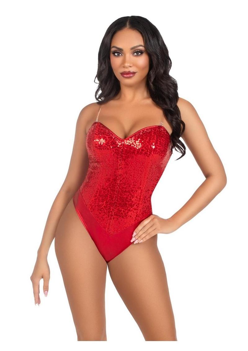 Leg Avenue Sequin Boned Snap Crotch Bodysuit with Detachable Clear Strap