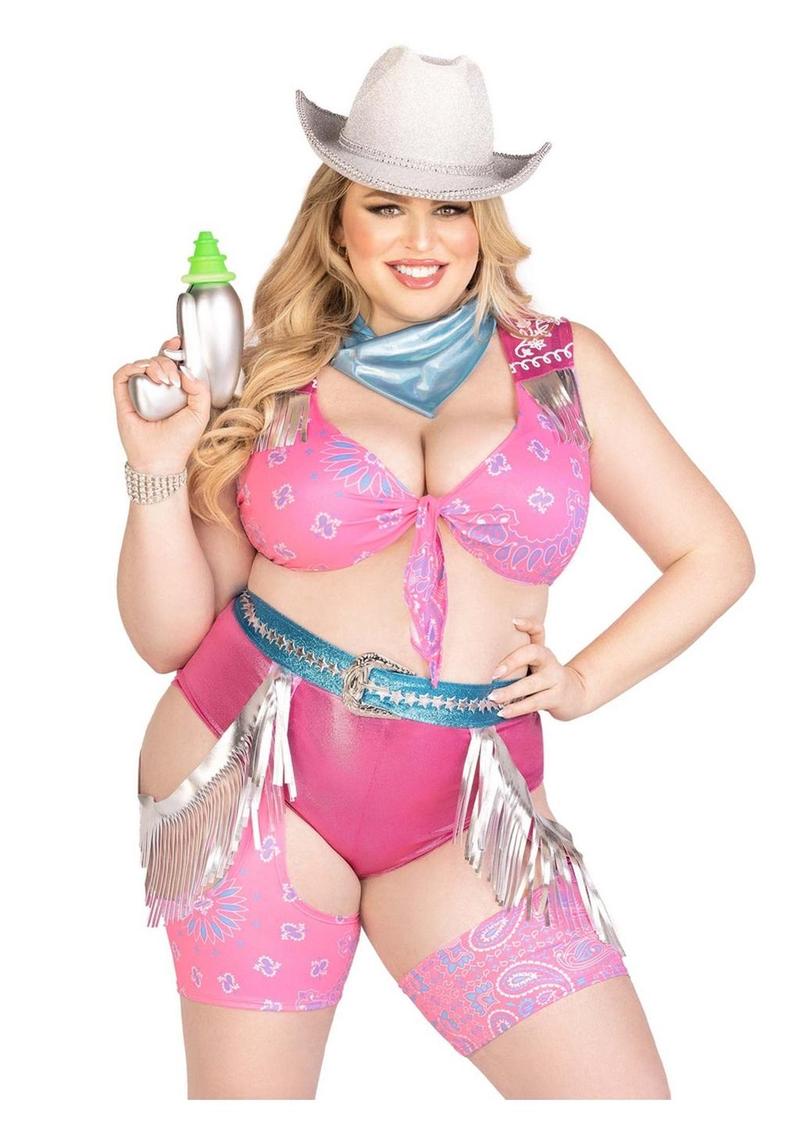 Leg Avenue Space Cowgirl Set Bandana Print Tie Front Crop Top with Fringe Trim, High Waist Bottoms with Attached Chaps, Belt with Fringe Detail, and Neck Bandana