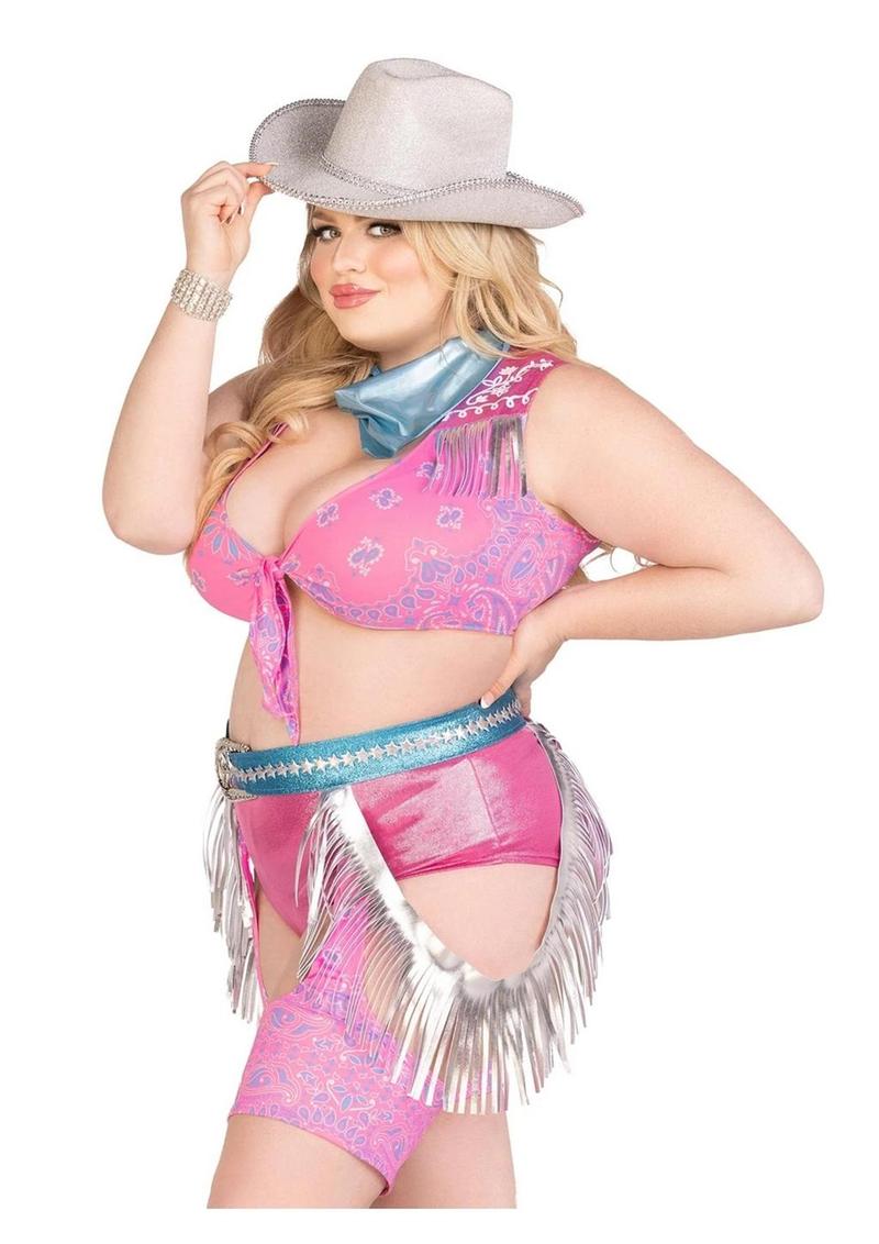 Leg Avenue Space Cowgirl Set Bandana Print Tie Front Crop Top with Fringe Trim, High Waist Bottoms with Attached Chaps, Belt with Fringe Detail, and Neck Bandana