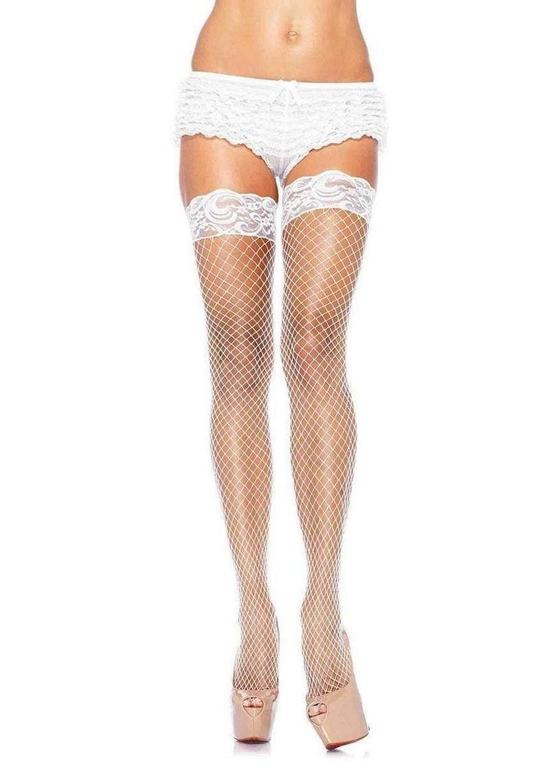 Leg Avenue Spandex Industrial Net Thigh Highs with Stay Up Silicone Lace Top