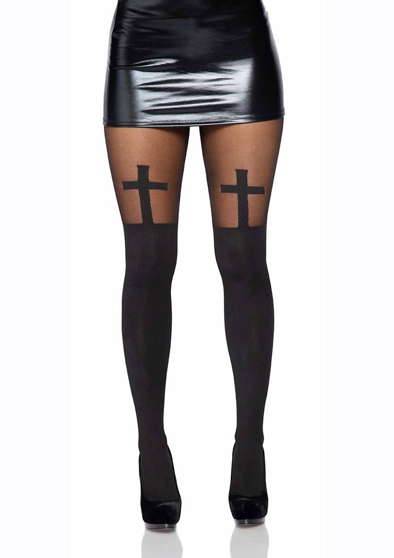 Leg Avenue Spandex Opaque Cross Pantyhose with Sheer Thigh Accent