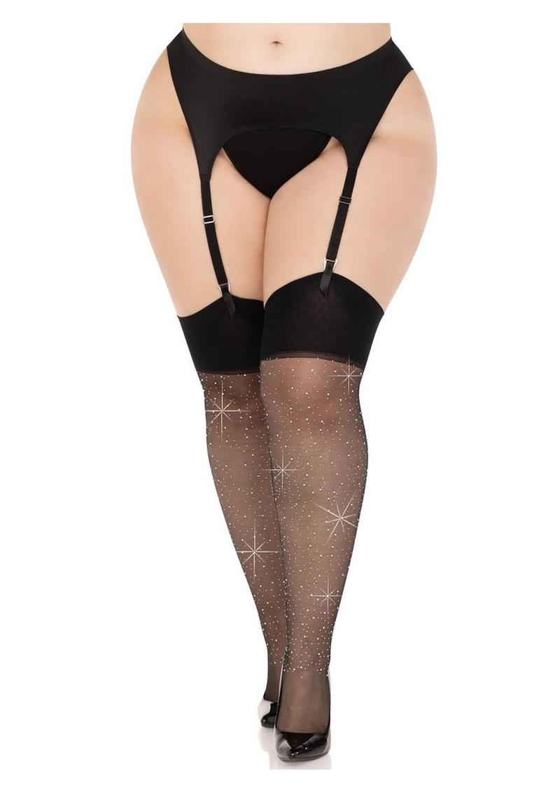 Leg Avenue Wide Top Rhinestone Spandex Sheer Stockings - 1x-2x